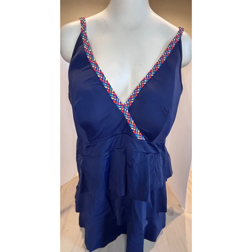 Cacique Swim Navy Blue Tiered Ruffle Tankini Top Multi Braided Trim Womens 24